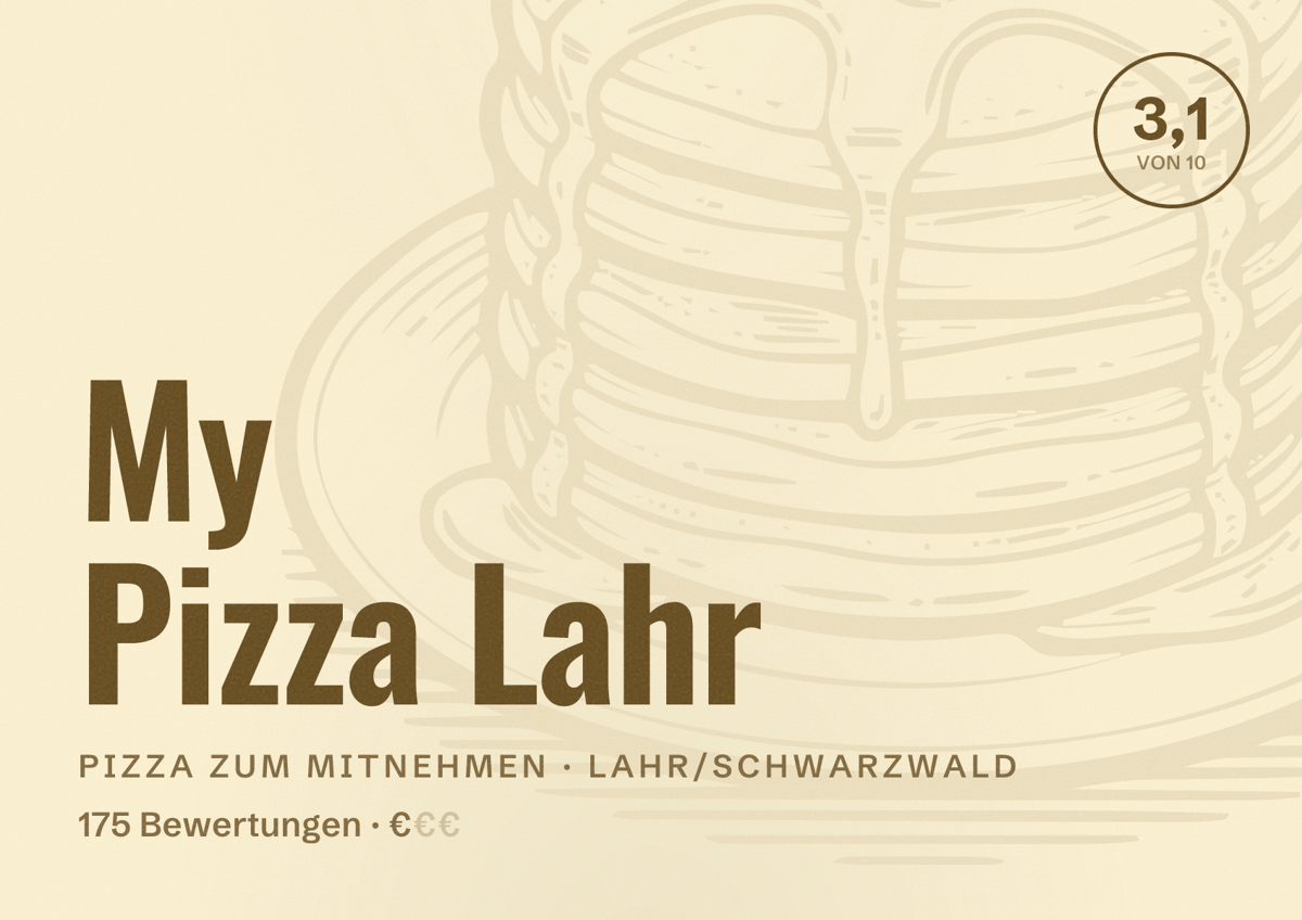 Illustriertes Poster von My Pizza Lahr, Pizza zum Mitnehmen in Lahr/Schwarzwald: Bewertung 3,1 von 10 aus 175 Bewertungen, Preisniveau €