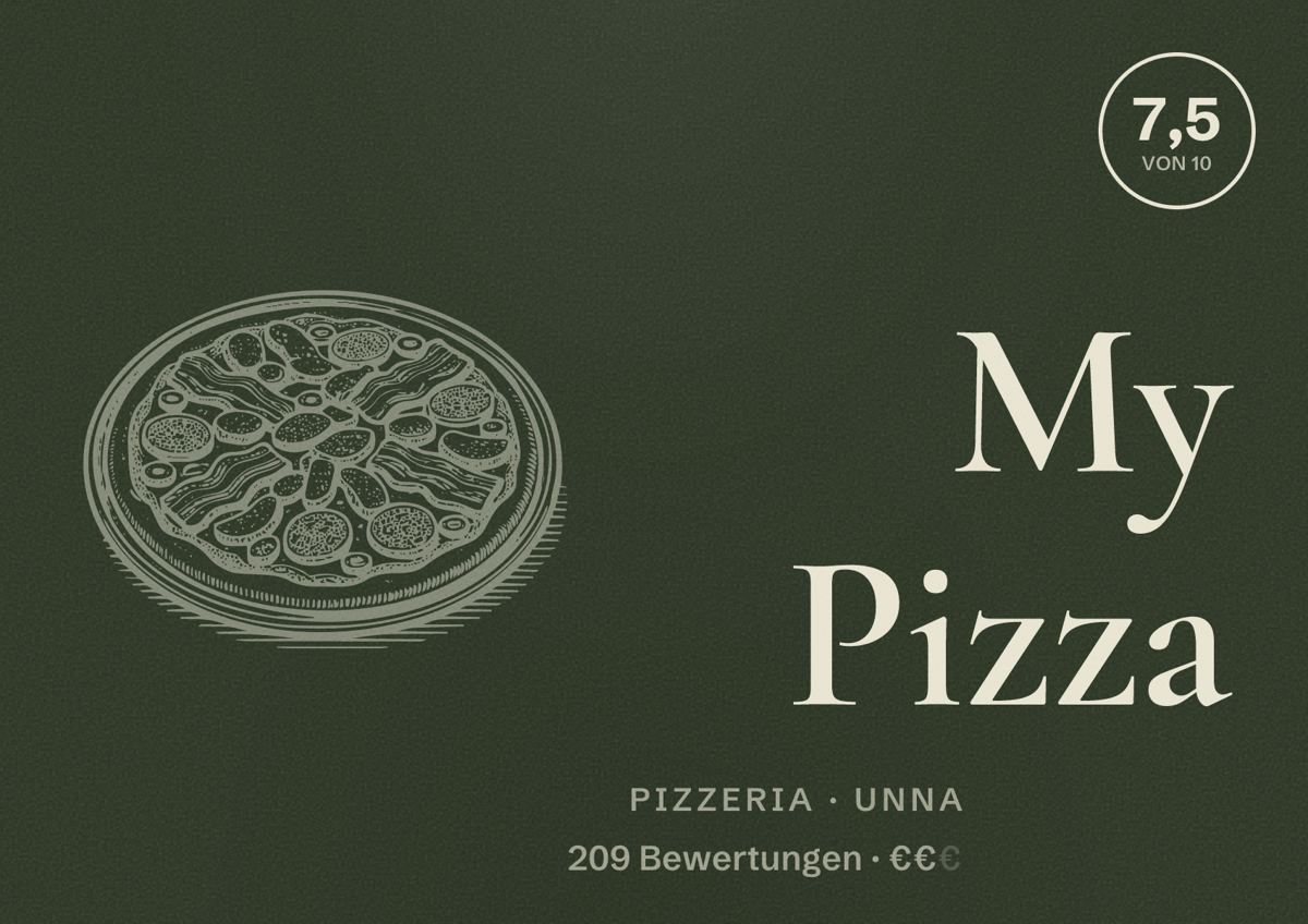 Illustriertes Poster von My Pizza, Pizzeria in Unna: Bewertung 7,5 von 10 aus 209 Bewertungen, Preisniveau €€