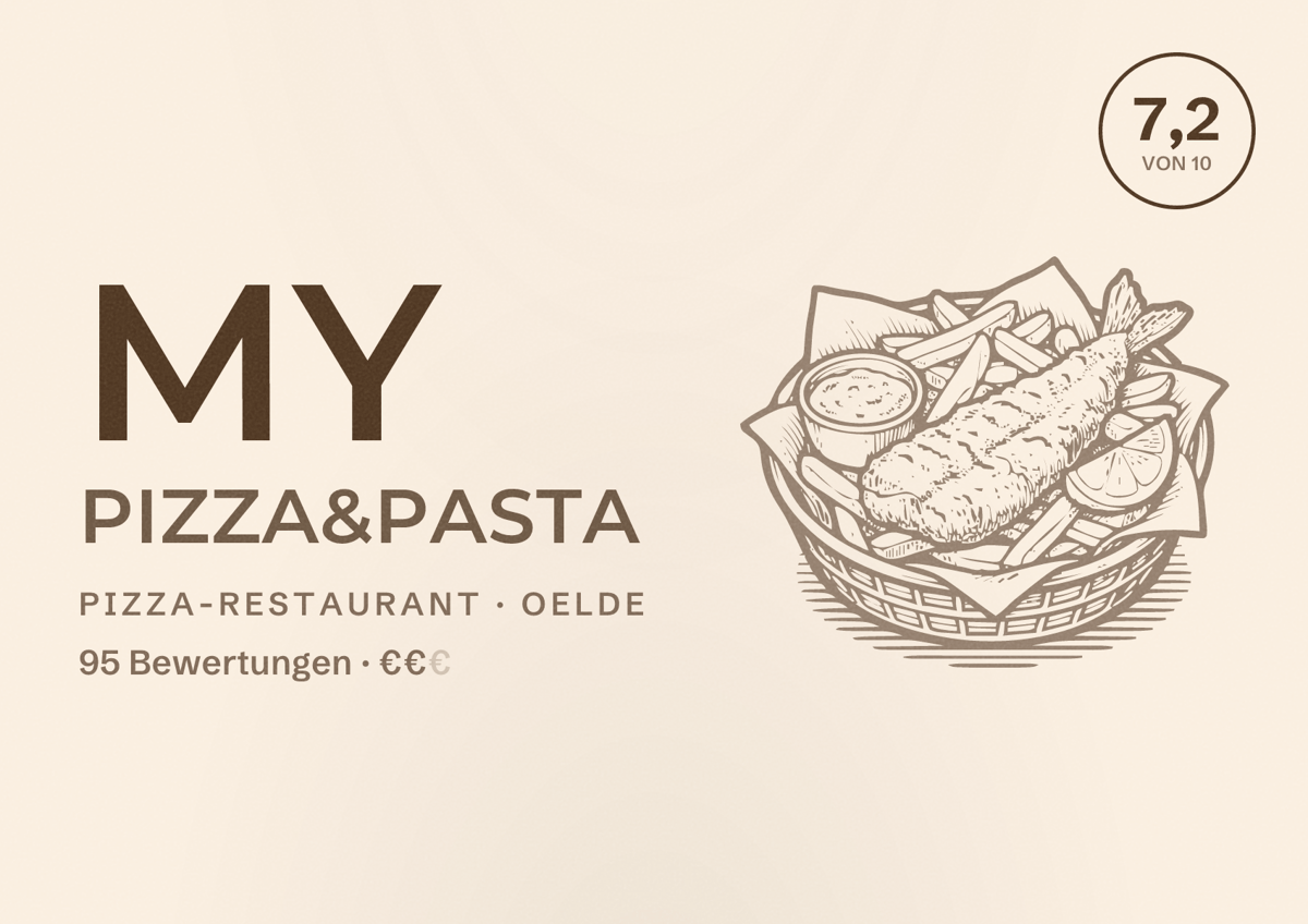Illustriertes Poster von My Pizza&Pasta, Pizza-Restaurant in Oelde: Bewertung 7,2 von 10 aus 95 Bewertungen, Preisniveau €€