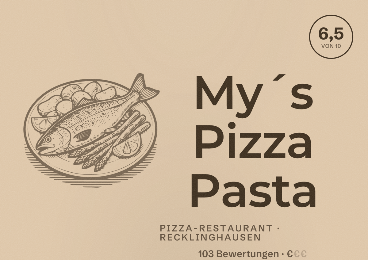 Illustriertes Poster von My´s Pizza Pasta, Pizza-Restaurant in Recklinghausen: Bewertung 6,5 von 10 aus 103 Bewertungen, Preisniveau €