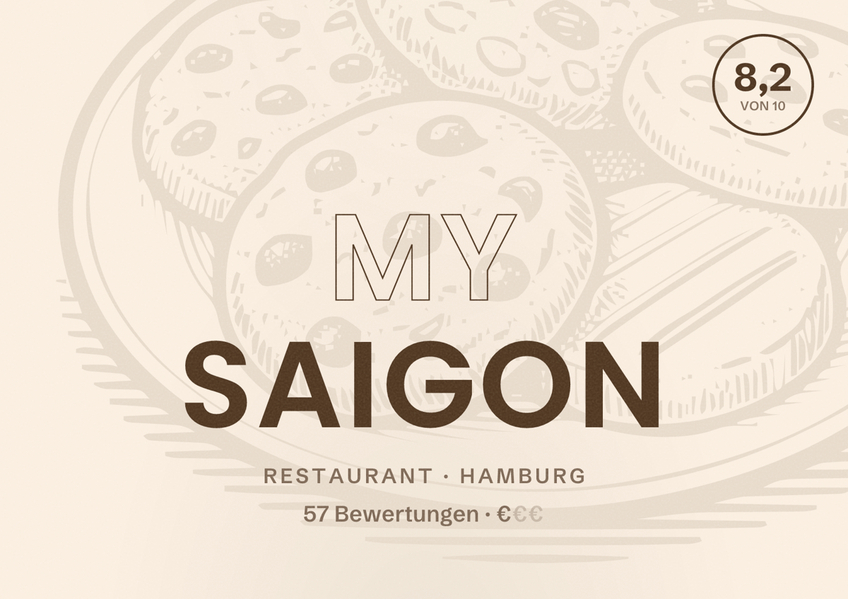 Illustriertes Poster von My Saigon, Restaurant in Hamburg: Bewertung 8,2 von 10 aus 57 Bewertungen, Preisniveau €