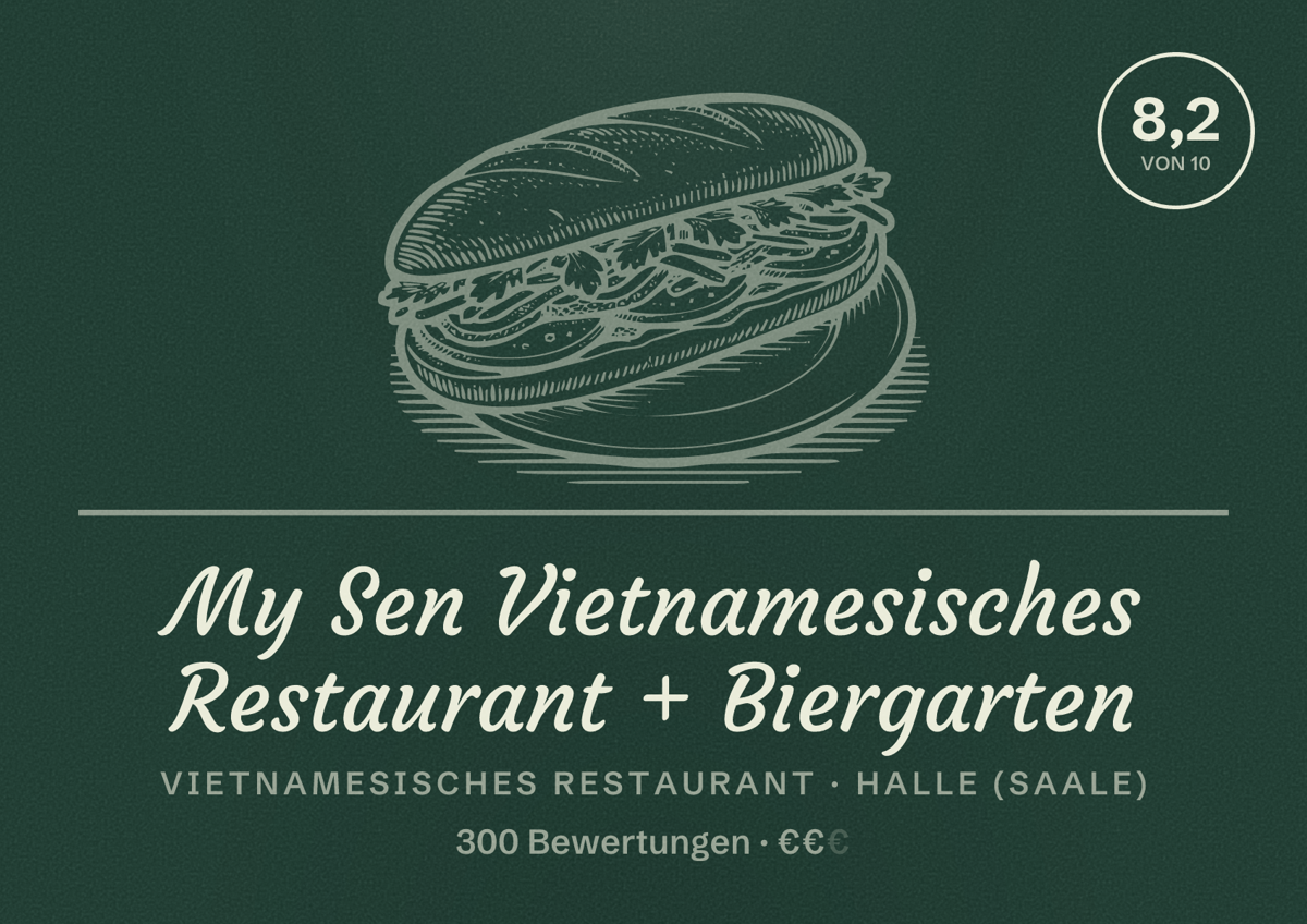 Illustriertes Poster von My Sen Vietnamesisches Restaurant + Biergarten, Vietnamesisches Restaurant in Halle (Saale): Bewertung 8,2 von 10 aus 300 Bewertungen, Preisniveau €€