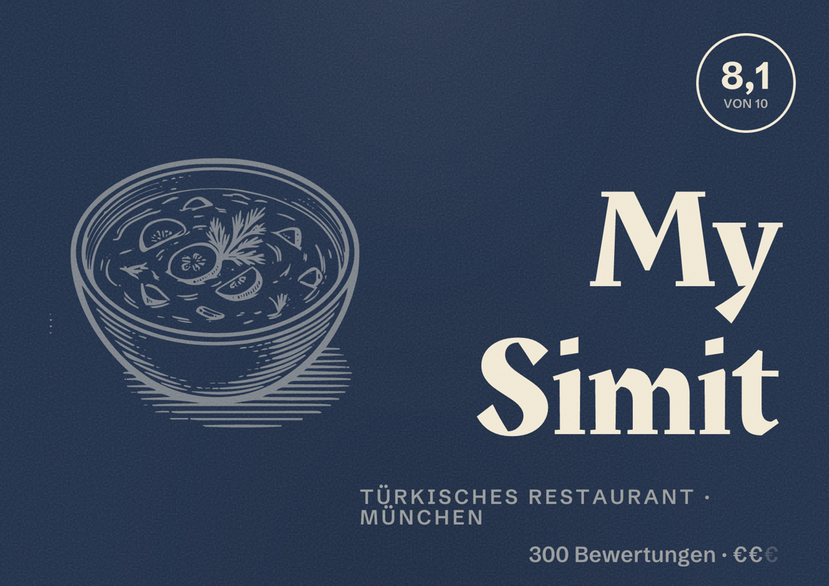 Illustriertes Poster von My Simit, Türkisches Restaurant in München: Bewertung 8,1 von 10 aus 300 Bewertungen, Preisniveau €€