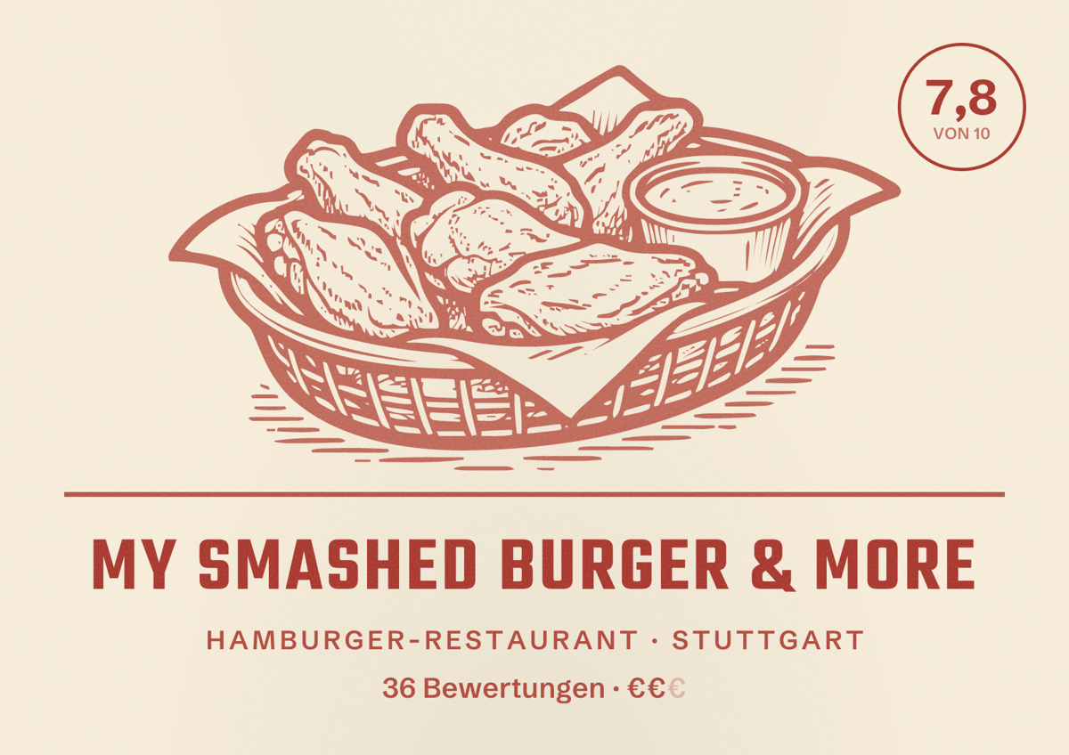 Illustriertes Poster von My Smashed Burger & More, Hamburger-Restaurant in Stuttgart: Bewertung 7,8 von 10 aus 36 Bewertungen, Preisniveau €€