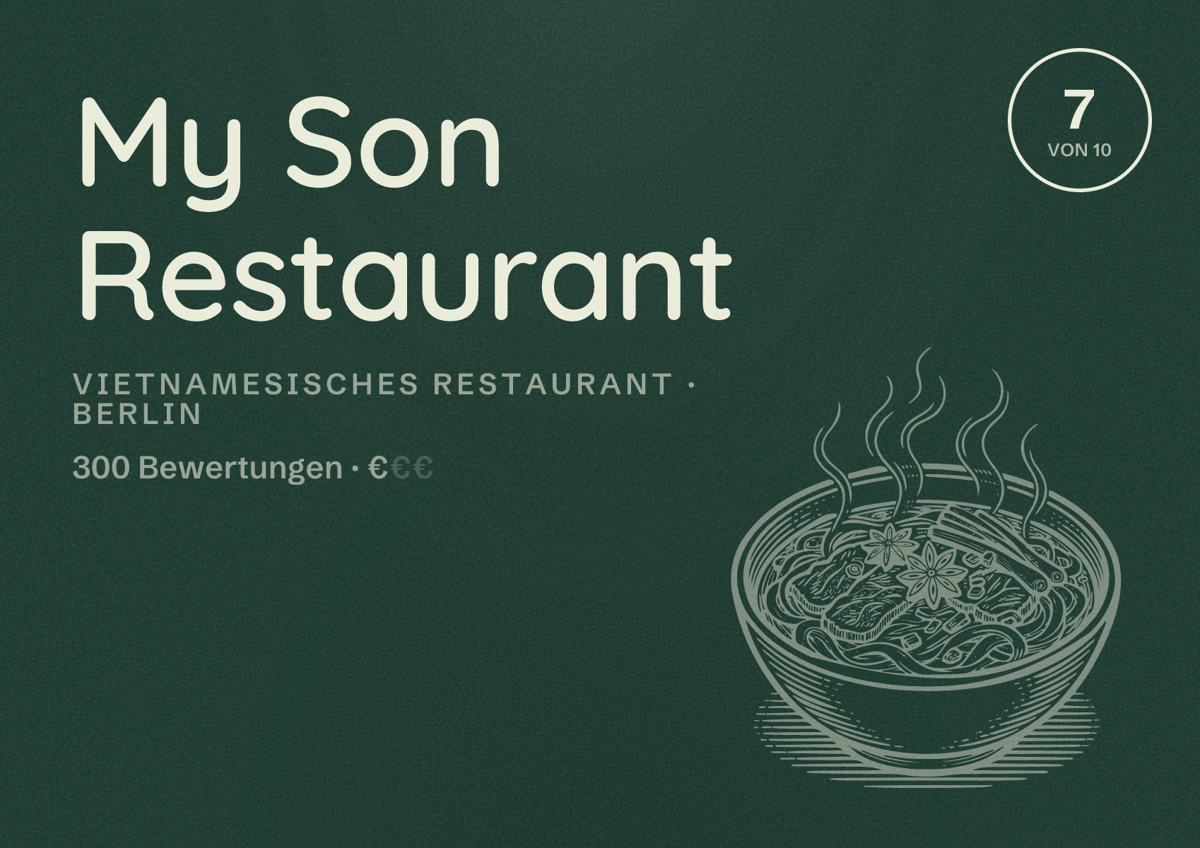 Illustriertes Poster von My Son Restaurant, Vietnamesisches Restaurant in Berlin: Bewertung 7,0 von 10 aus 300 Bewertungen, Preisniveau €