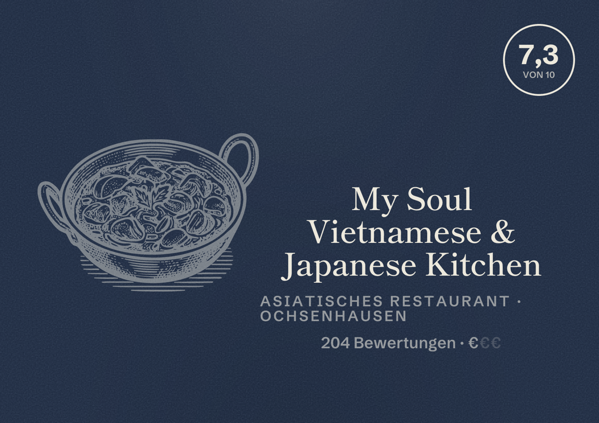 Illustriertes Poster von My Soul Vietnamese & Japanese Kitchen, Asiatisches Restaurant in Ochsenhausen: Bewertung 7,3 von 10 aus 204 Bewertungen, Preisniveau €