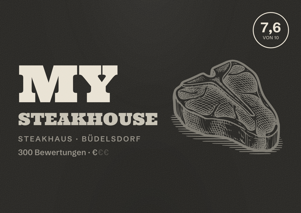 Illustriertes Poster von My Steakhouse, Steakhaus in Büdelsdorf: Bewertung 7,6 von 10 aus 300 Bewertungen, Preisniveau €