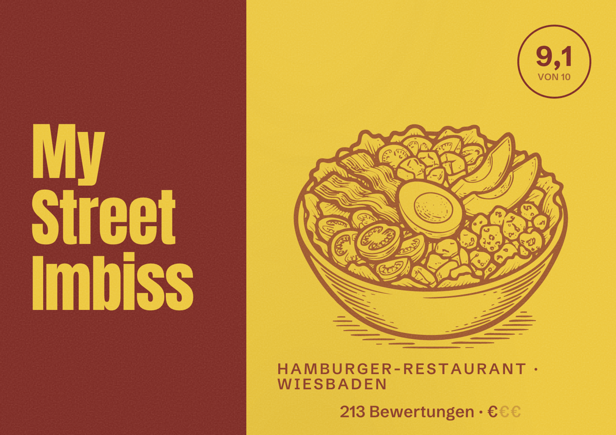 Illustriertes Poster von My Street Imbiss, Hamburger-Restaurant in Wiesbaden: Bewertung 9,1 von 10 aus 213 Bewertungen, Preisniveau €