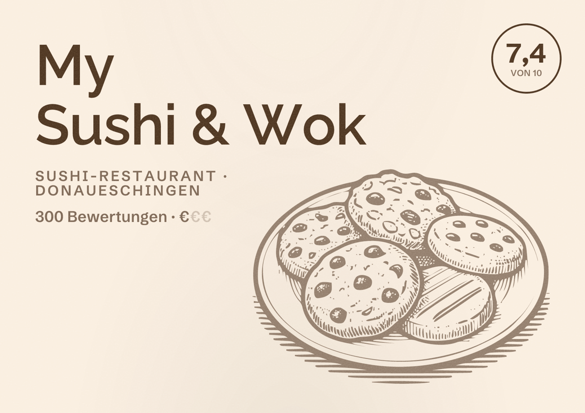 Illustriertes Poster von My Sushi & Wok, Sushi-Restaurant in Donaueschingen: Bewertung 7,4 von 10 aus 300 Bewertungen, Preisniveau €