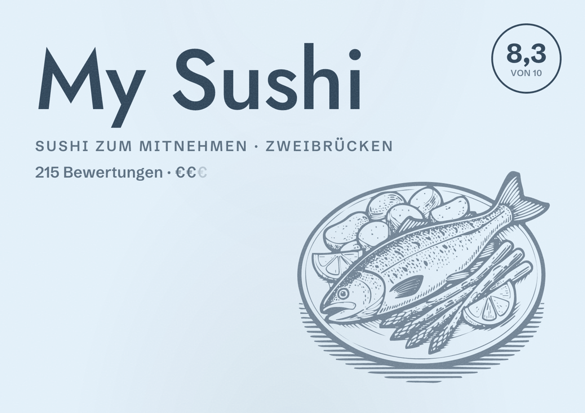 Illustriertes Poster von My Sushi, Sushi zum Mitnehmen in Zweibrücken: Bewertung 8,3 von 10 aus 215 Bewertungen, Preisniveau €€