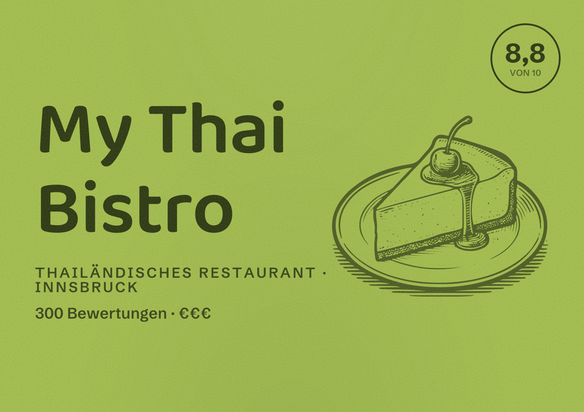 Illustriertes Poster von My Thai Bistro, Thailändisches Restaurant in Innsbruck: Bewertung 8,8 von 10 aus 300 Bewertungen, Preisniveau €€€