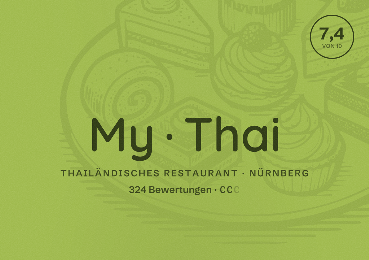 Illustriertes Poster von My Thai, Thailändisches Restaurant in Nürnberg: Bewertung 7,4 von 10 aus 324 Bewertungen, Preisniveau €€