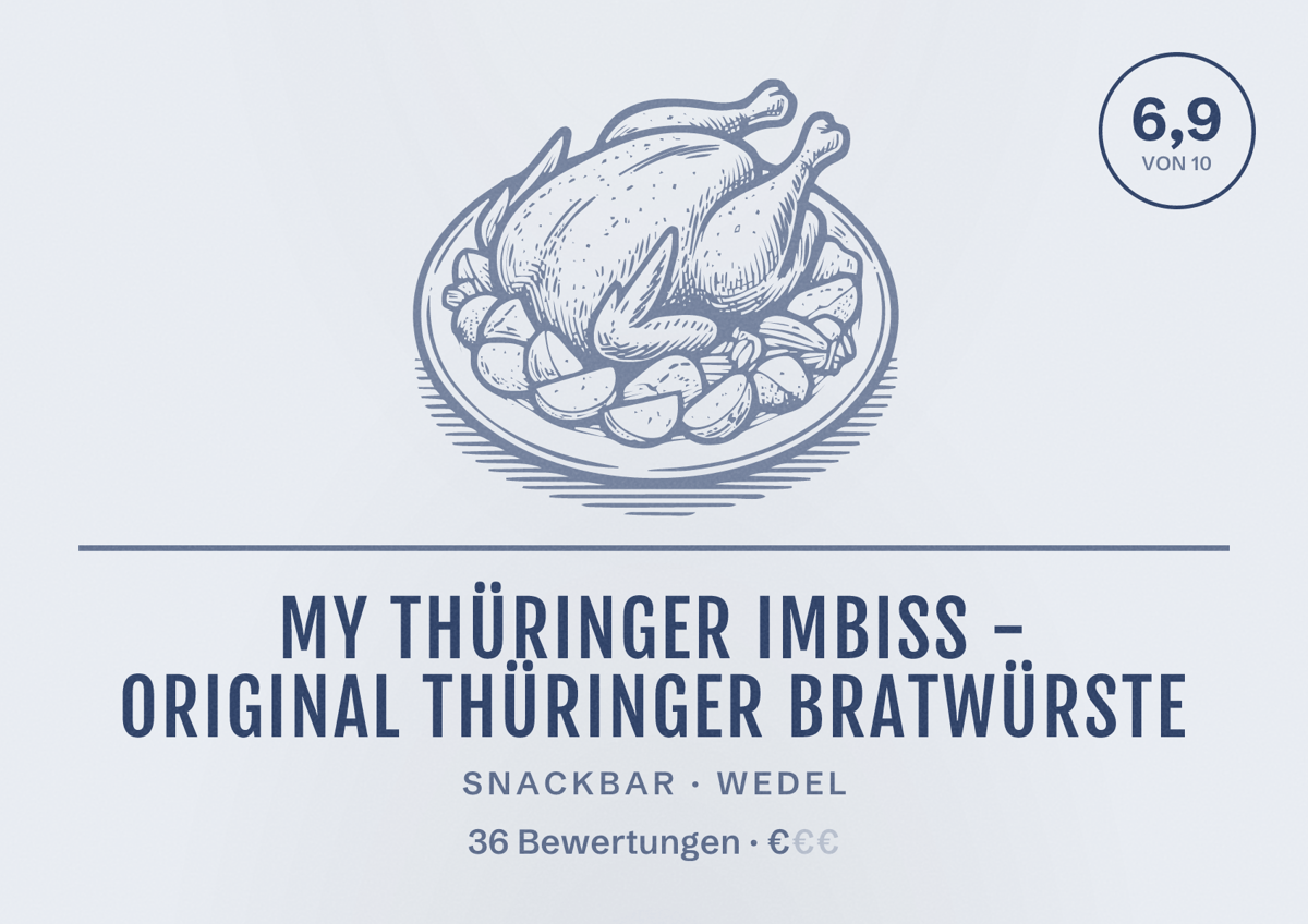 Illustriertes Poster von My Thüringer Imbiss - Original Thüringer Bratwürste, Snackbar in Wedel: Bewertung 6,9 von 10 aus 36 Bewertungen, Preisniveau €