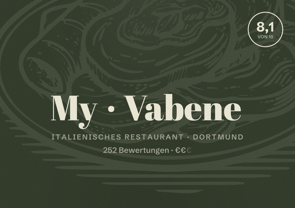 Illustriertes Poster von My Vabene, Italienisches Restaurant in Dortmund: Bewertung 8,1 von 10 aus 252 Bewertungen, Preisniveau €€
