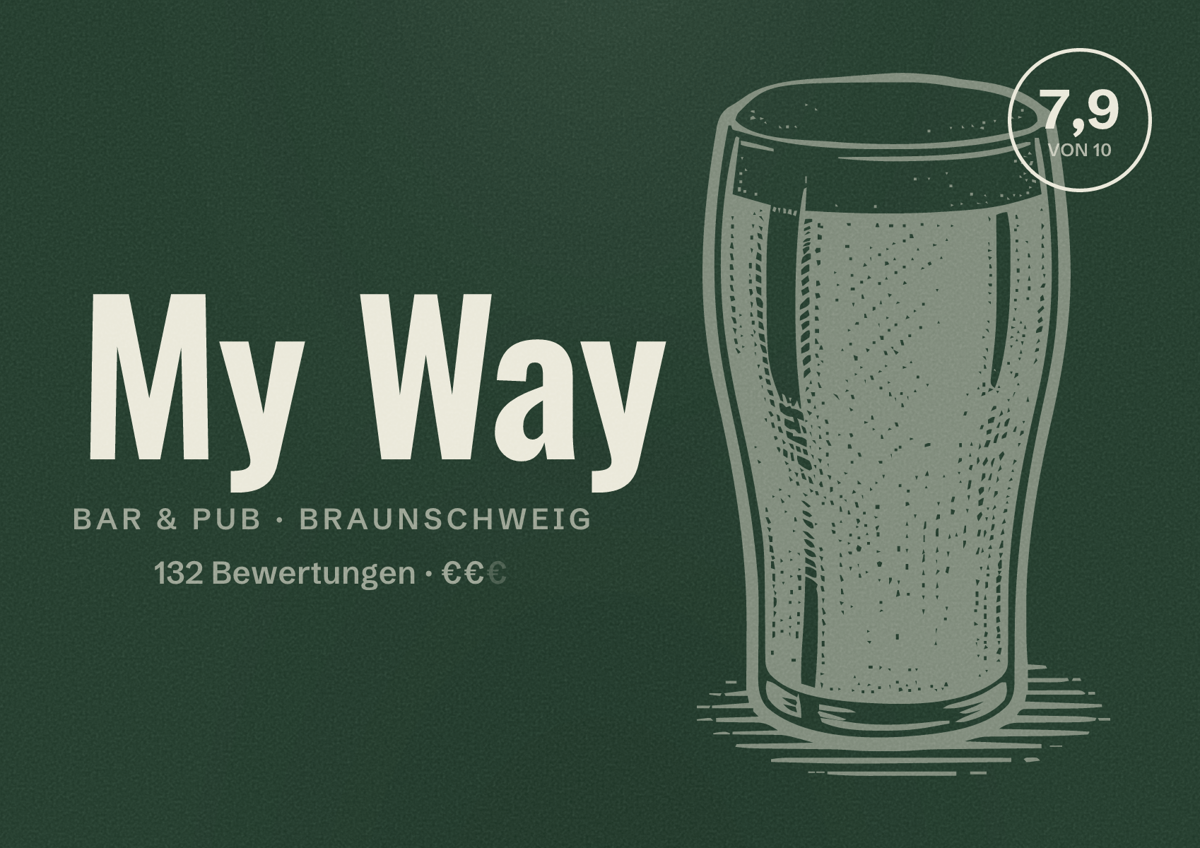 Illustriertes Poster von My Way, Bar & Pub in Braunschweig: Bewertung 7,9 von 10 aus 132 Bewertungen, Preisniveau €€