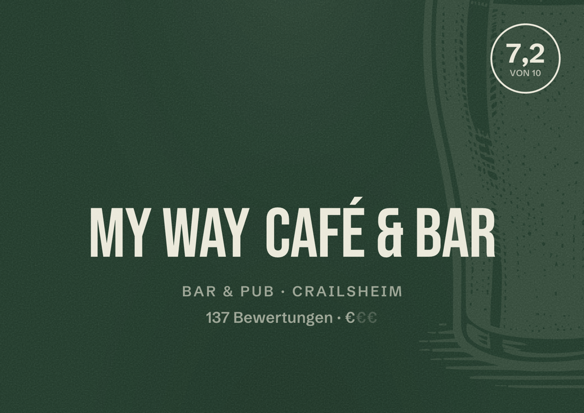Illustriertes Poster von My Way Café & Bar, Bar & Pub in Crailsheim: Bewertung 7,2 von 10 aus 137 Bewertungen, Preisniveau €