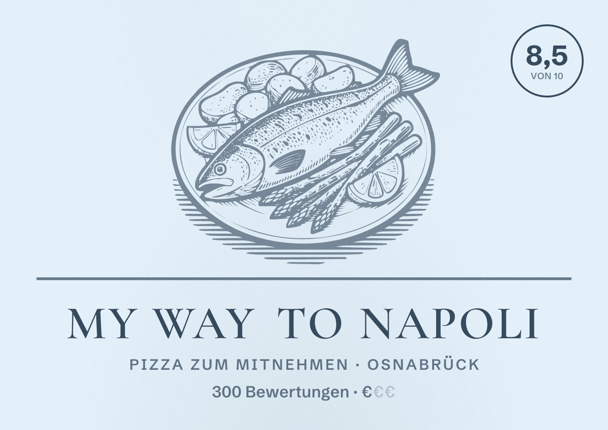 Illustriertes Poster von My Way To Napoli, Pizza zum Mitnehmen in Osnabrück: Bewertung 8,5 von 10 aus 300 Bewertungen, Preisniveau €