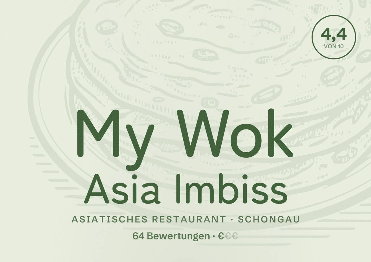 Illustriertes Poster von My Wok Asia Imbiss, Asiatisches Restaurant in Schongau: Bewertung 4,4 von 10 aus 64 Bewertungen, Preisniveau €