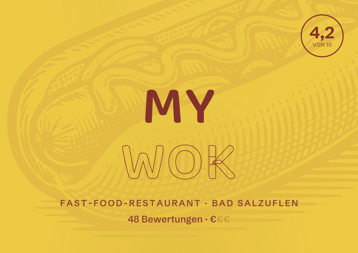 Illustriertes Poster von My Wok, Fast-Food-Restaurant in Bad Salzuflen: Bewertung 4,2 von 10 aus 48 Bewertungen, Preisniveau €