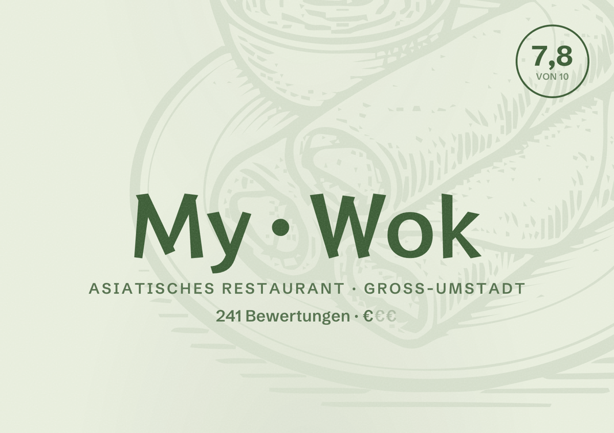 Illustriertes Poster von My Wok, Asiatisches Restaurant in Groß-Umstadt: Bewertung 7,8 von 10 aus 241 Bewertungen, Preisniveau €