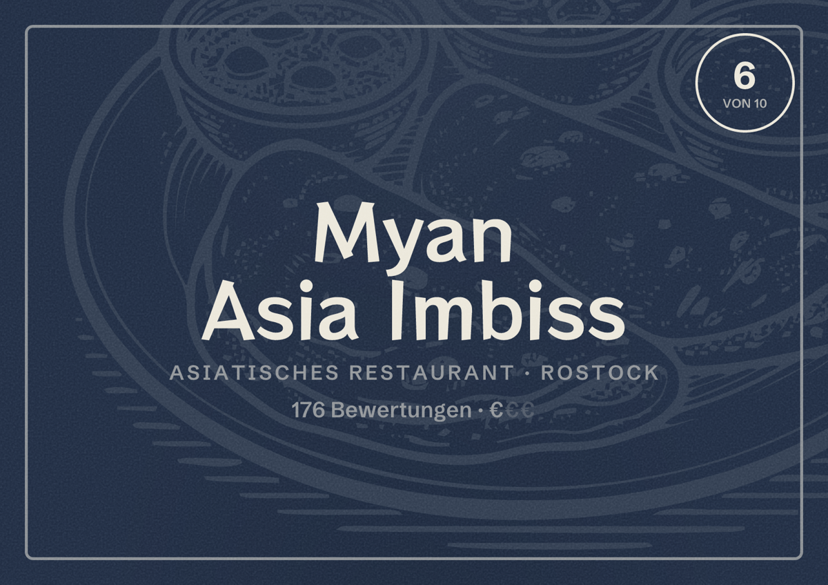 Illustriertes Poster von Myan Asia Imbiss, Asiatisches Restaurant in Rostock: Bewertung 6,0 von 10 aus 176 Bewertungen, Preisniveau €