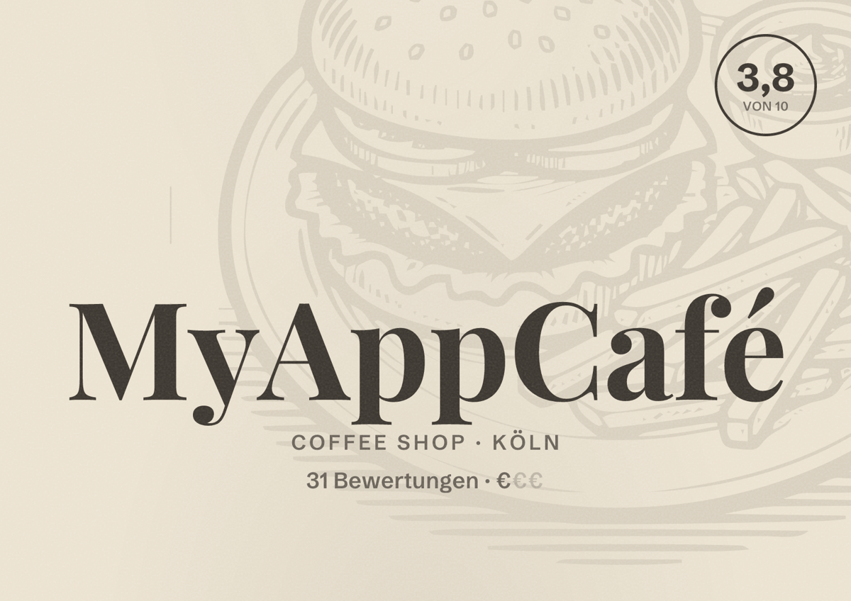 Illustriertes Poster von MyAppCafé, Coffee Shop in Köln: Bewertung 3,8 von 10 aus 31 Bewertungen, Preisniveau €