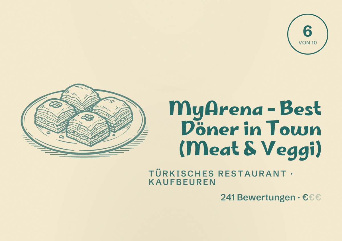 Illustriertes Poster von MyArena - Best Döner in Town (Meat & Veggi), Türkisches Restaurant in Kaufbeuren: Bewertung 6 von 10 aus 241 Bewertungen, Preisniveau €