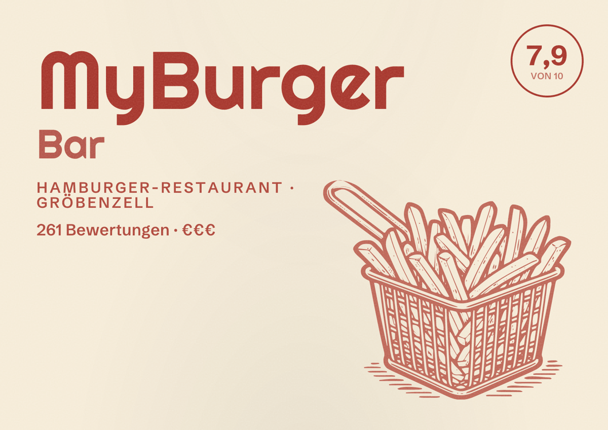 Illustriertes Poster von MyBurger Bar, Hamburger-Restaurant in Gröbenzell: Bewertung 7,9 von 10 aus 261 Bewertungen, Preisniveau €€€