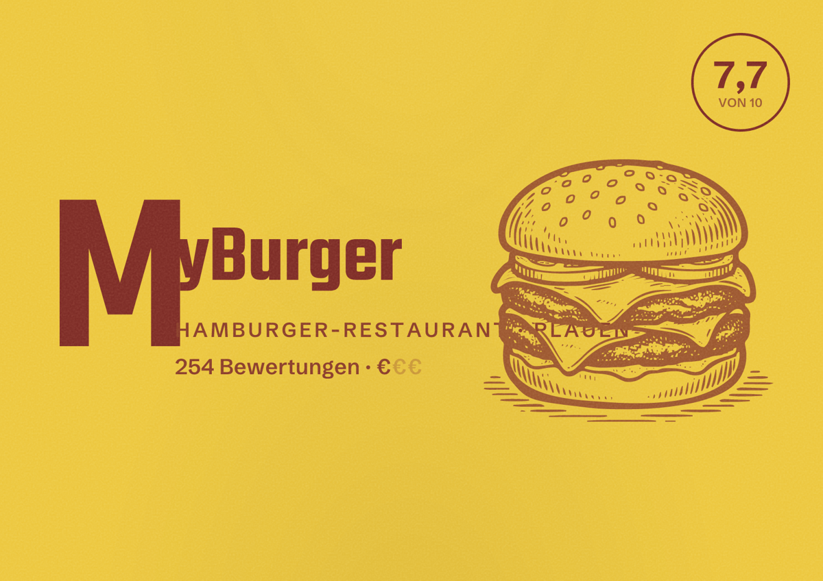 Illustriertes Poster von MyBurger, Hamburger-Restaurant in Plauen: Bewertung 7,7 von 10 aus 254 Bewertungen, Preisniveau €