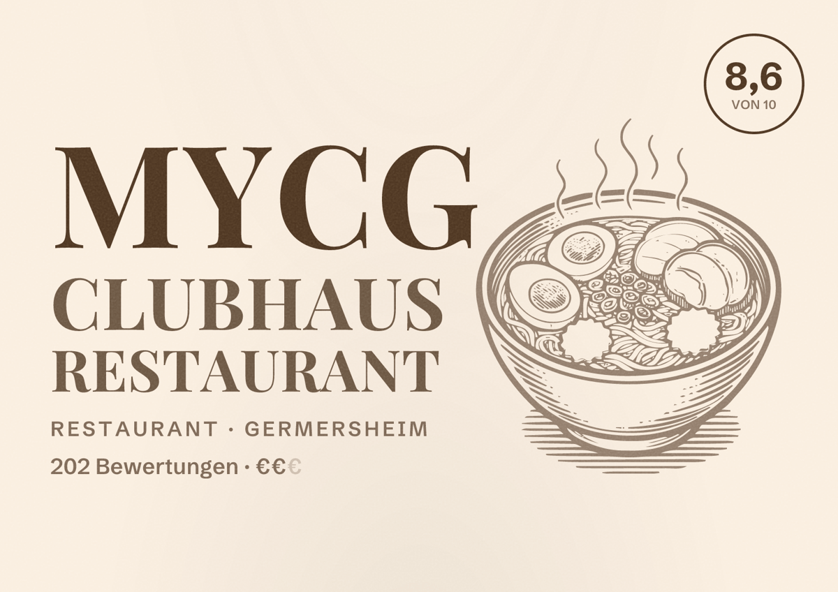Illustriertes Poster von MYCG Clubhaus Restaurant, Restaurant in Germersheim: Bewertung 8,6 von 10 aus 202 Bewertungen, Preisniveau €€