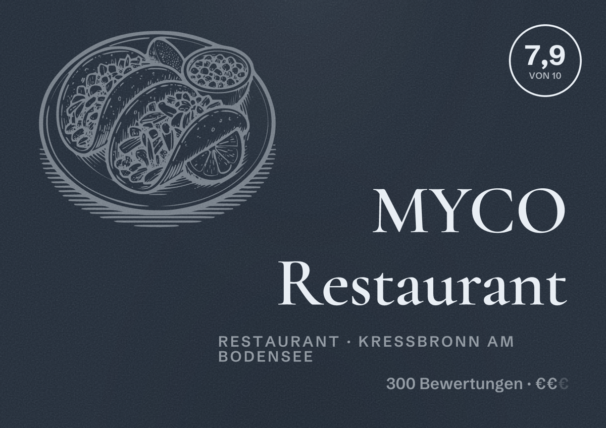 Illustriertes Poster von MYCO Restaurant, Restaurant in Kressbronn am Bodensee: Bewertung 7,9 von 10 aus 300 Bewertungen, Preisniveau €€