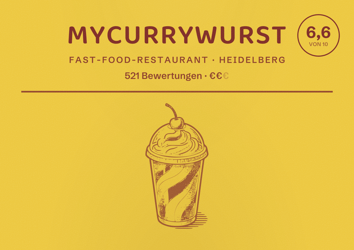 Illustriertes Poster von MyCurrywurst, Fast-Food-Restaurant in Heidelberg: Bewertung 6,6 von 10 aus 521 Bewertungen, Preisniveau €€