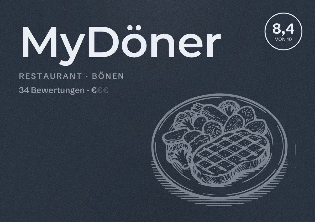 Illustriertes Poster von MyDöner, Restaurant in Bönen: Bewertung 8,4 von 10 aus 34 Bewertungen, Preisniveau €