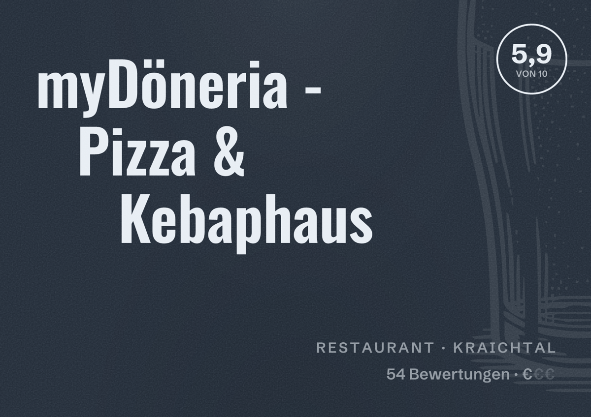 Illustriertes Poster von myDöneria - Pizza & Kebaphaus, Restaurant in Kraichtal: Bewertung 5,9 von 10 aus 54 Bewertungen, Preisniveau €