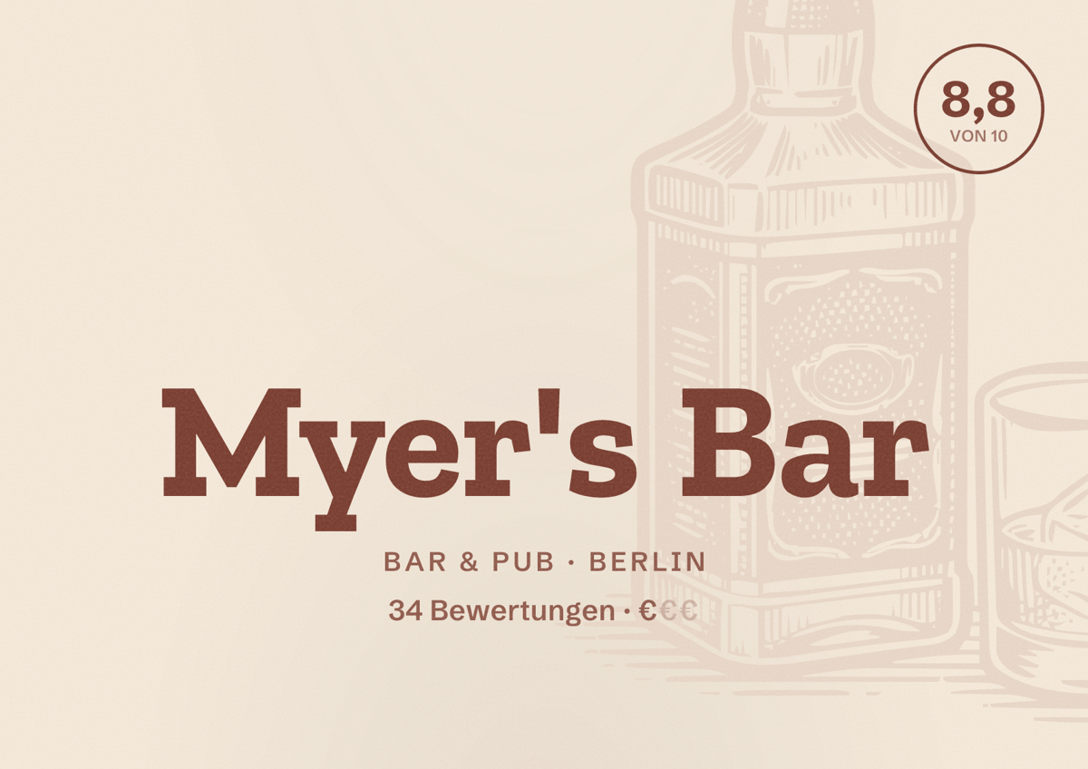 Illustriertes Poster von Myer's Bar, Bar & Pub in Berlin: Bewertung 8,8 von 10 aus 34 Bewertungen, Preisniveau €