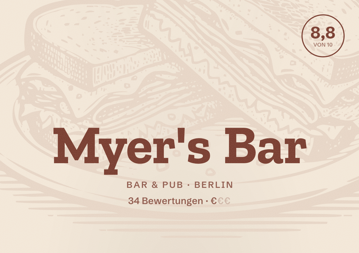 Illustriertes Poster von Myer's Bar, Bar & Pub in Berlin: Bewertung 8,8 von 10 aus 34 Bewertungen, Preisniveau €