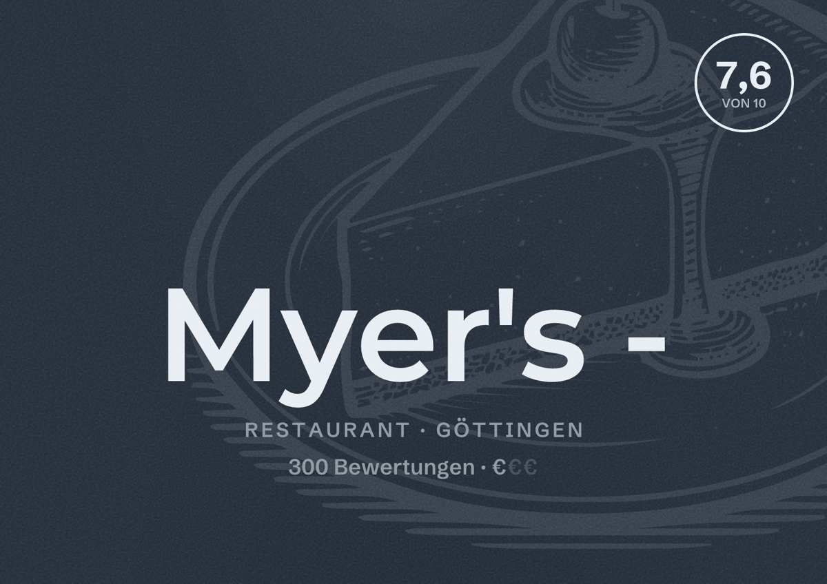 Illustriertes Poster von Myer's -, Restaurant in Göttingen: Bewertung 7,6 von 10 aus 300 Bewertungen, Preisniveau €