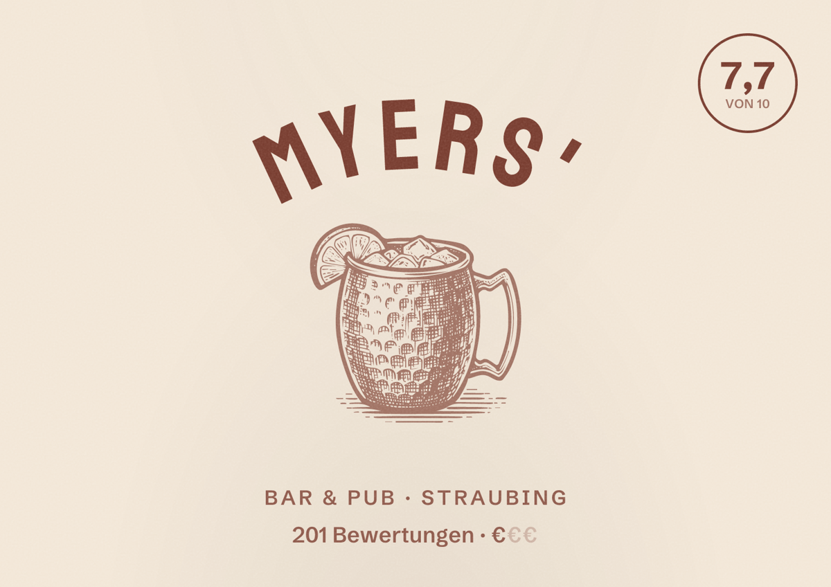 Illustriertes Poster von Myers', Bar & Pub in Straubing: Bewertung 7,7 von 10 aus 201 Bewertungen, Preisniveau €