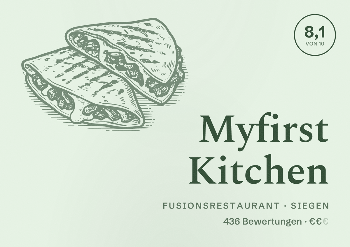 Illustriertes Poster von Myfirst Kitchen, Fusionsrestaurant in Siegen: Bewertung 8,1 von 10 aus 436 Bewertungen, Preisniveau €€