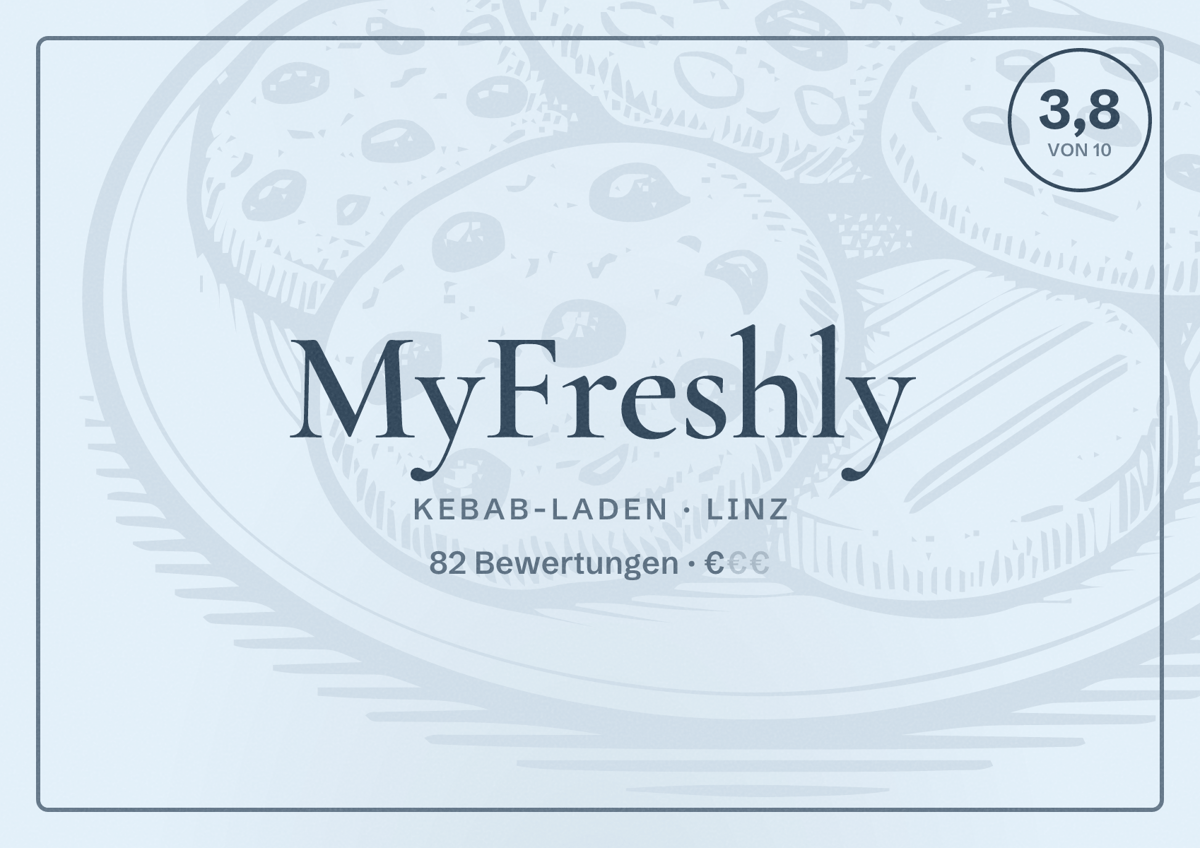 Illustriertes Poster von MyFreshly, Kebab-Laden in Linz: Bewertung 3,8 von 10 aus 82 Bewertungen, Preisniveau €