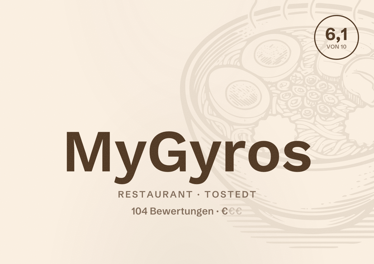 Illustriertes Poster von MyGyros, Restaurant in Tostedt: Bewertung 6,1 von 10 aus 104 Bewertungen, Preisniveau €