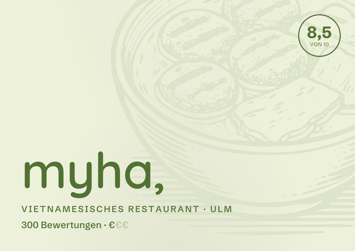 Illustriertes Poster von myha,, Vietnamesisches Restaurant in Ulm: Bewertung 8,5 von 10 aus 300 Bewertungen, Preisniveau €