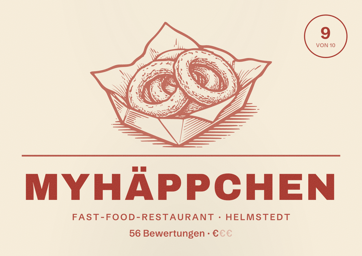 Illustriertes Poster von MyHäppchen, Fast-Food-Restaurant in Helmstedt: Bewertung 9 von 10 aus 56 Bewertungen, Preisniveau €