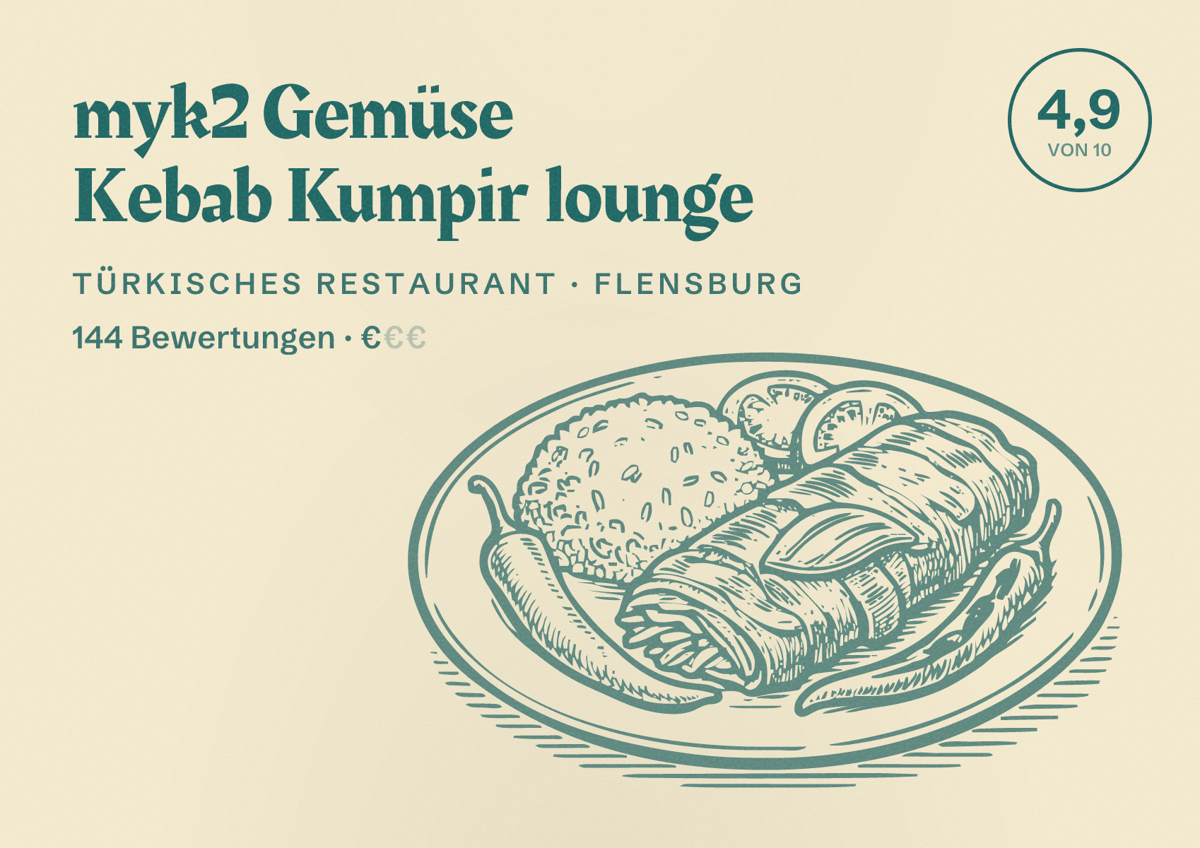 Illustriertes Poster von myk2 Gemüse Kebab Kumpir lounge, Türkisches Restaurant in Flensburg: Bewertung 4,9 von 10 aus 144 Bewertungen, Preisniveau €