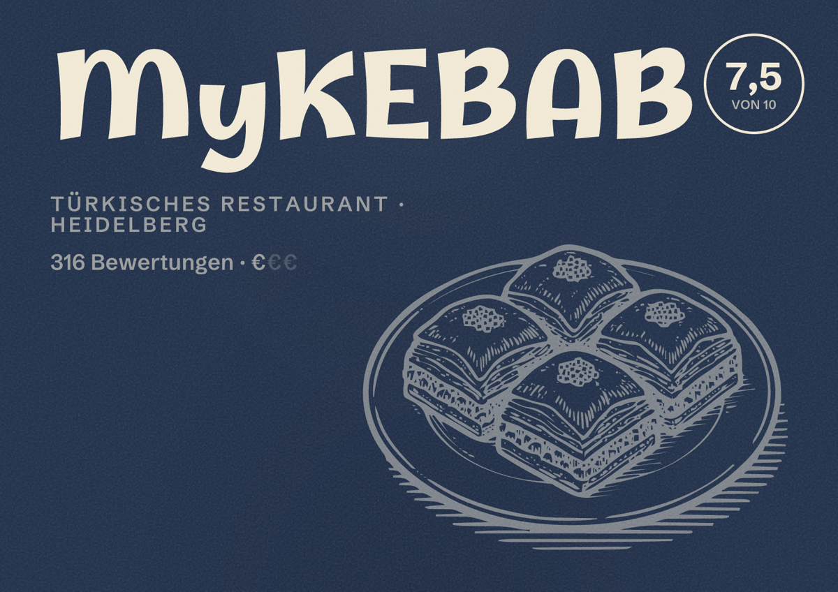 Illustriertes Poster von MyKEBAB, Türkisches Restaurant in Heidelberg: Bewertung 7,5 von 10 aus 316 Bewertungen, Preisniveau €