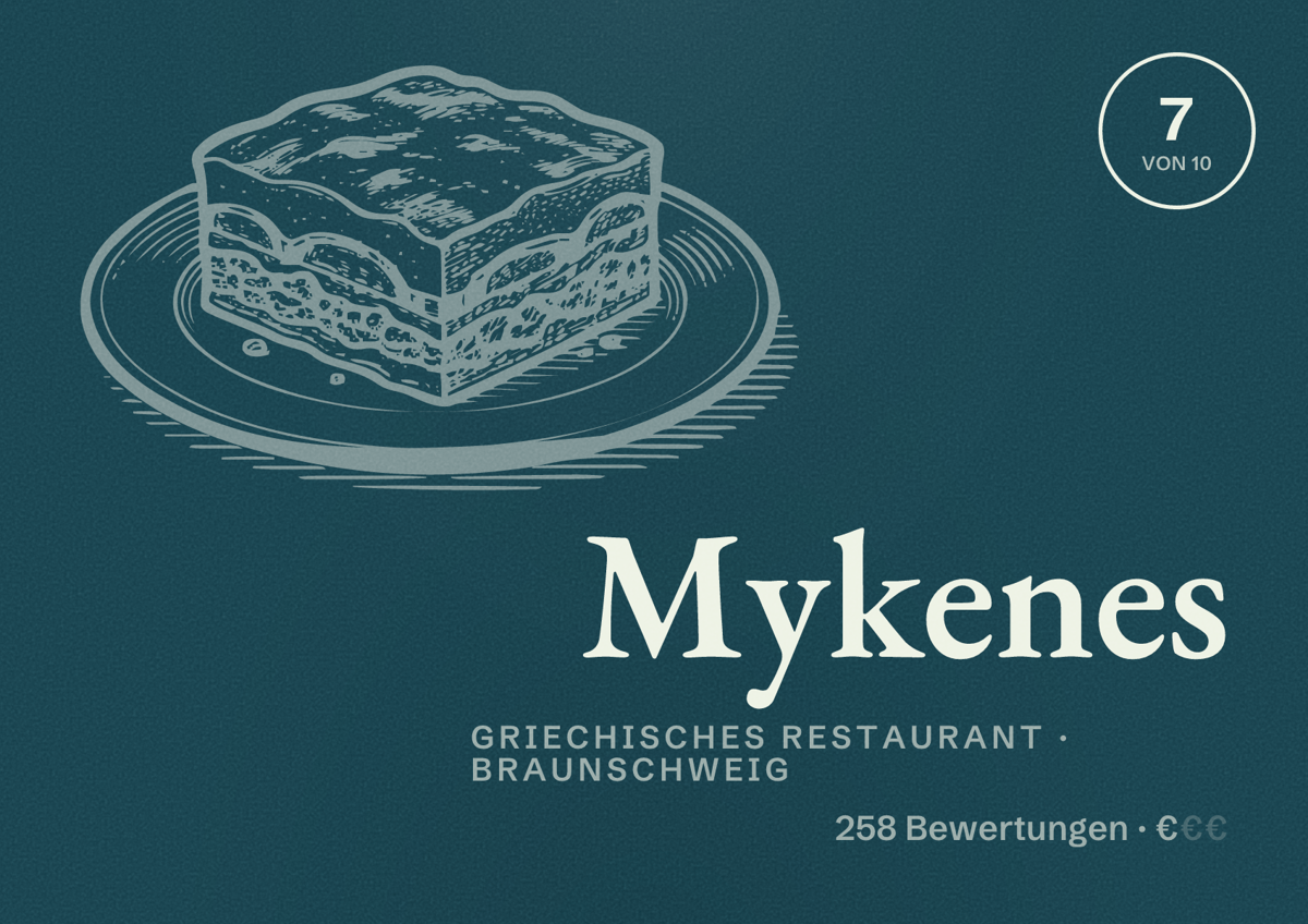 Illustriertes Poster von Mykenes, Griechisches Restaurant in Braunschweig: Bewertung 7 von 10 aus 258 Bewertungen, Preisniveau €