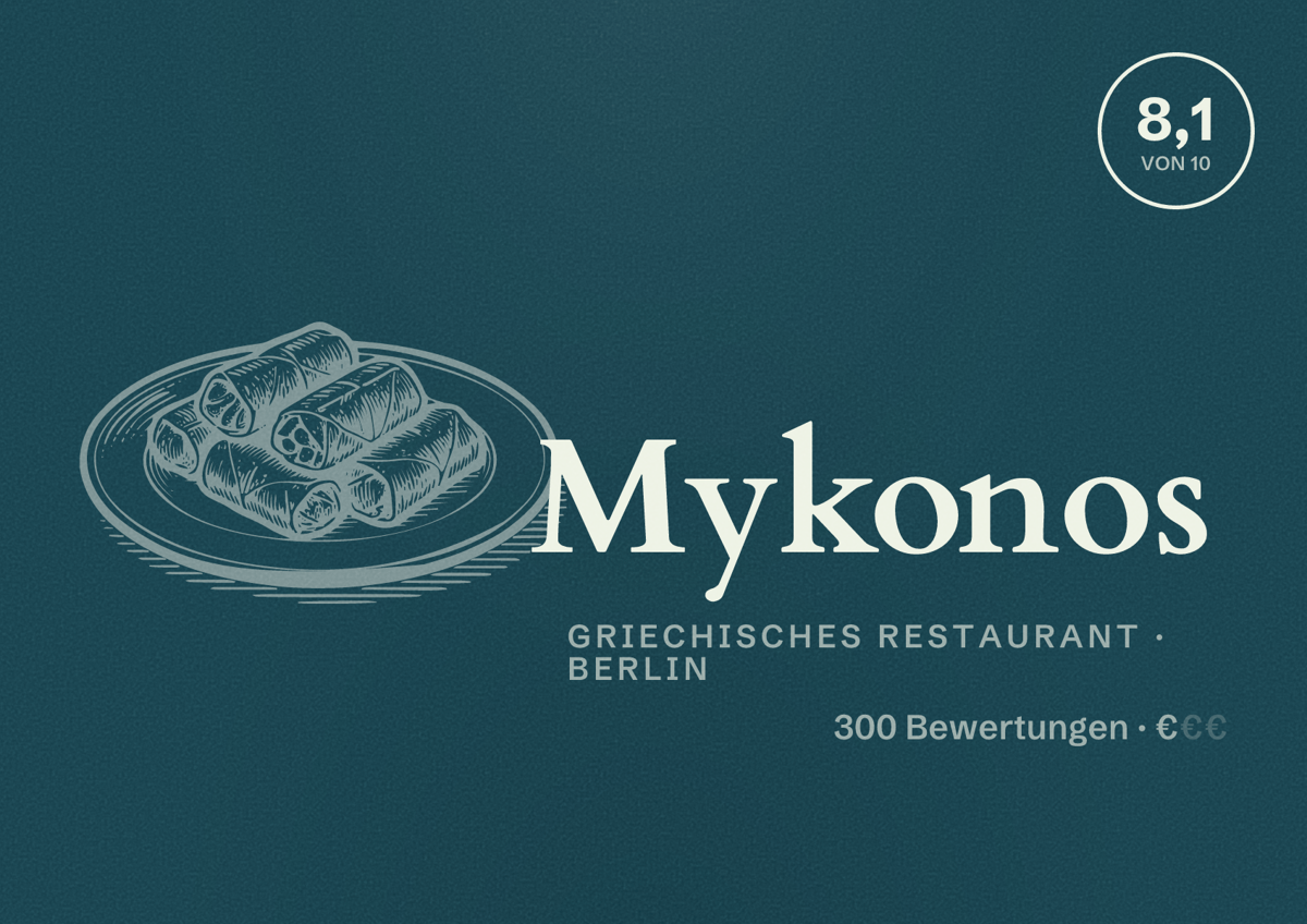 Illustriertes Poster von Mykonos, Griechisches Restaurant in Berlin: Bewertung 8,1 von 10 aus 300 Bewertungen, Preisniveau €