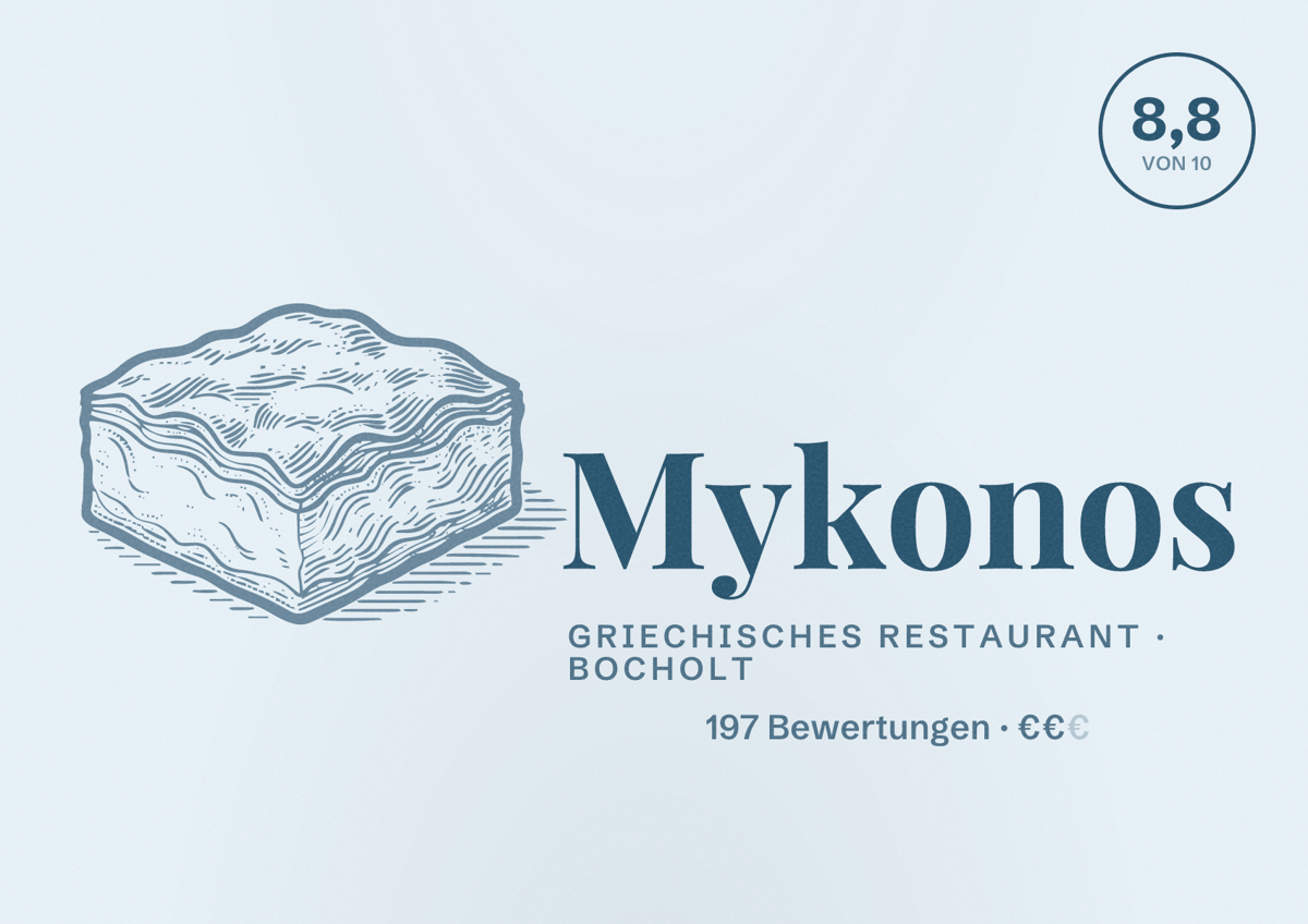 Illustriertes Poster von Mykonos, Griechisches Restaurant in Bocholt: Bewertung 8,8 von 10 aus 197 Bewertungen, Preisniveau €€