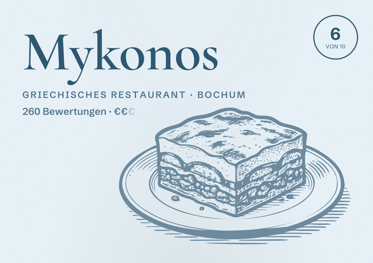 Illustriertes Poster von Mykonos, Griechisches Restaurant in Bochum: Bewertung 6 von 10 aus 260 Bewertungen, Preisniveau €€