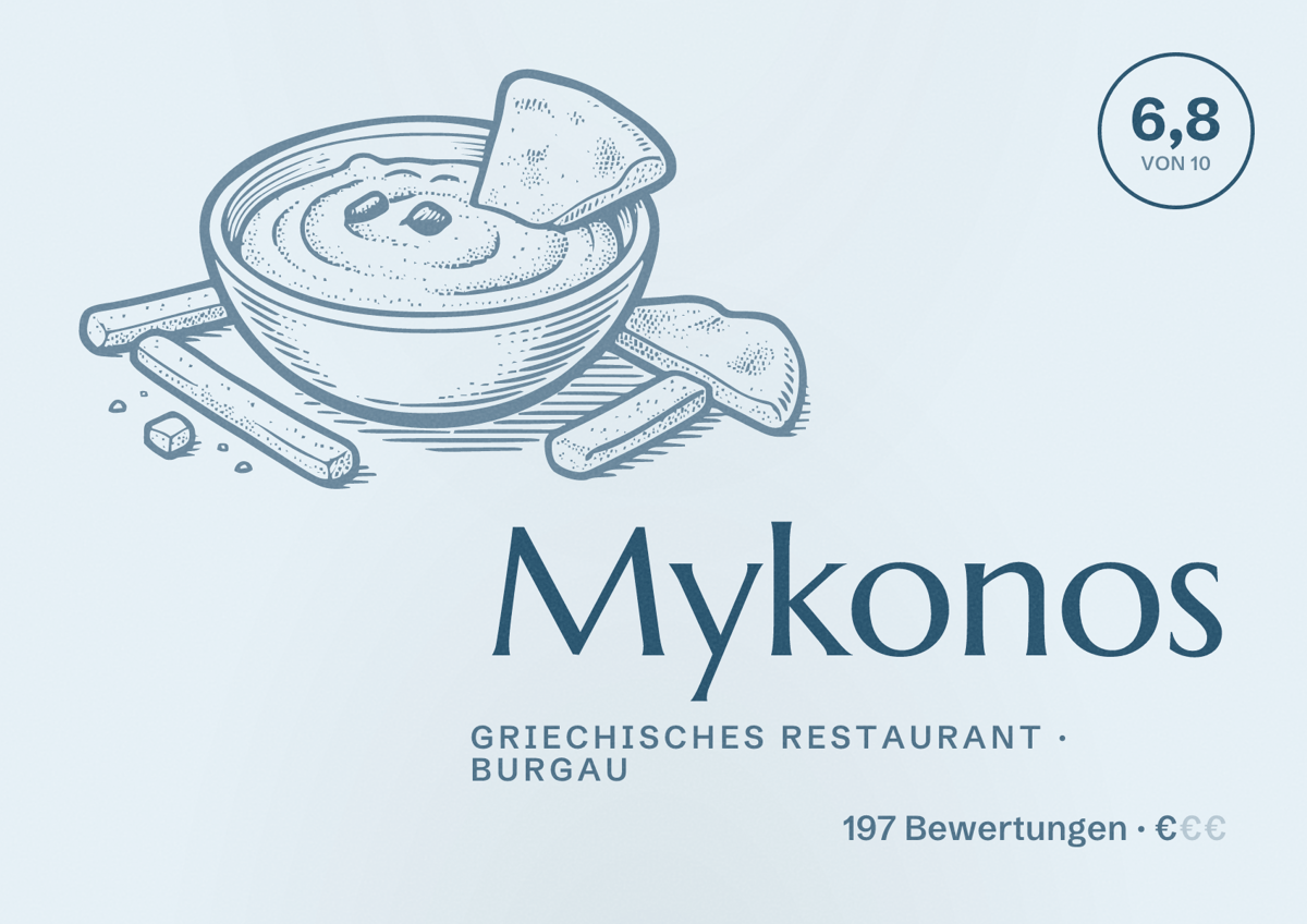 Illustriertes Poster von Mykonos, Griechisches Restaurant in Burgau: Bewertung 6,8 von 10 aus 197 Bewertungen, Preisniveau €